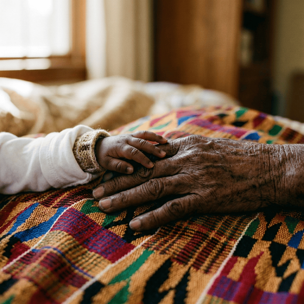 Child’s hand resting gently on an older adult’s hand