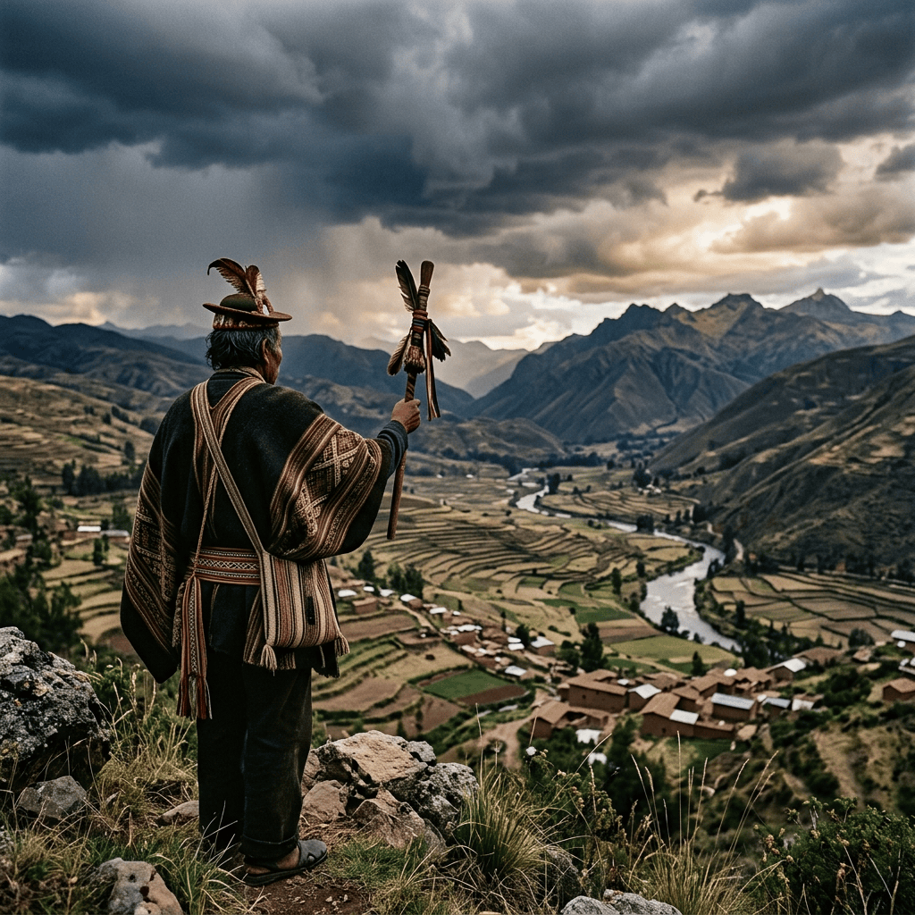 Traditionally dressed Andean figure overlooking a terraced mountain valley