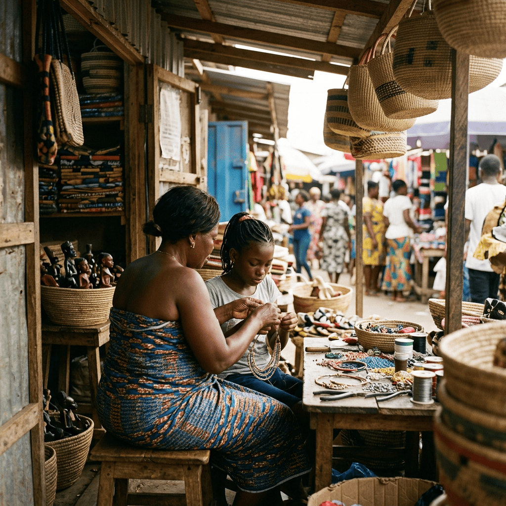 Woman and girl arranging bead jewelry at a busy market stall
