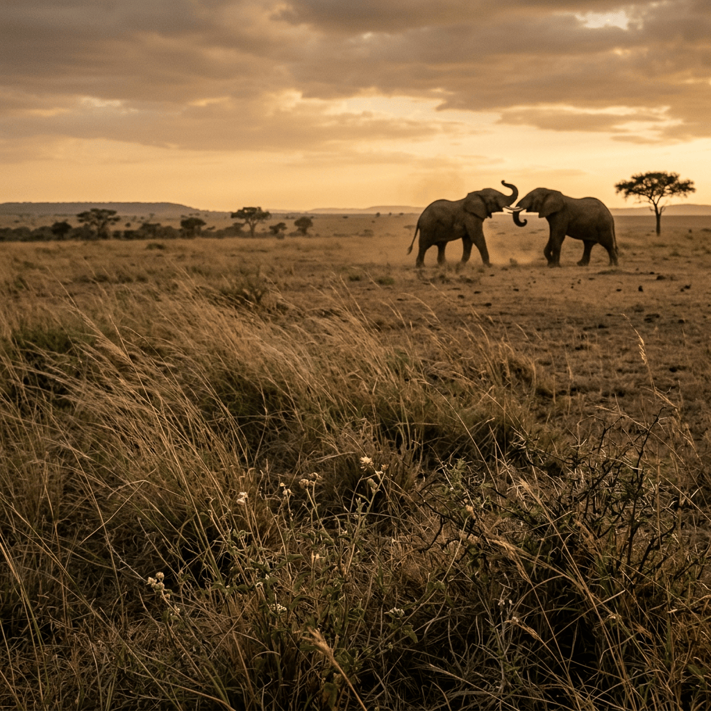 Two elephants touching trunks in a golden savannah at sunset
